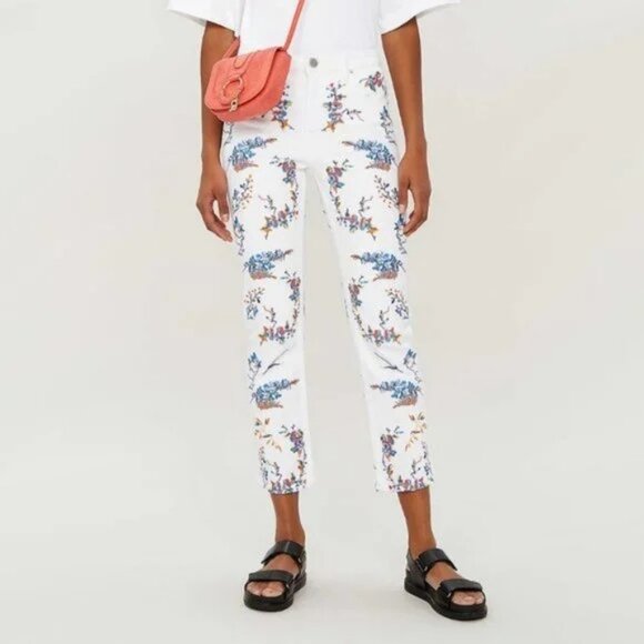 Maje White & Floral Embroidered Mid rise White Jeans Pants - Picture 2 of 11